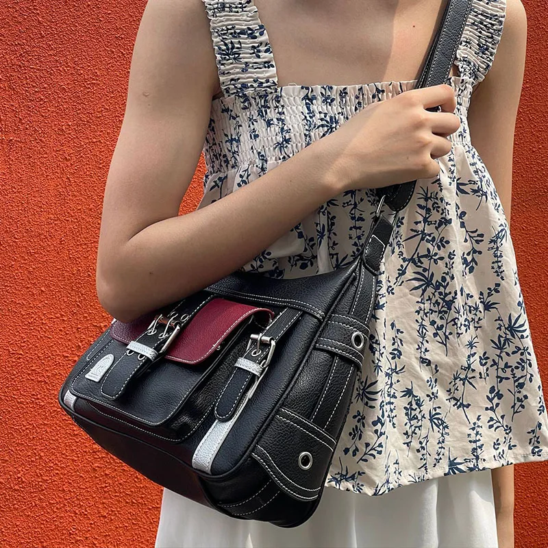 Yogodlns Retro Patchwork Schulter Für Frauen Weiche Leder Crossbody Cool Girl Messenger Bag Shopping Handtasche Handtasche Bolsa_voghion.com