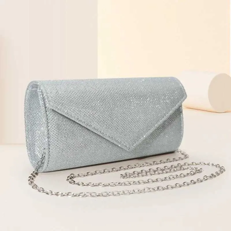 Womens envelope evening chain shoulder bag shiny sier long wallet womens wedding party clutch mini handbag Y241019_voghion.com