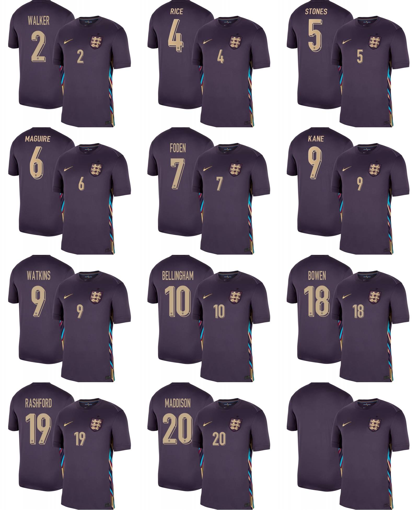 2024 England BELLINGHAM 10# KANE 9# FODEN 7# Mens Away Football Soccer Shirt Sports Short Sleeve Jersey - all size