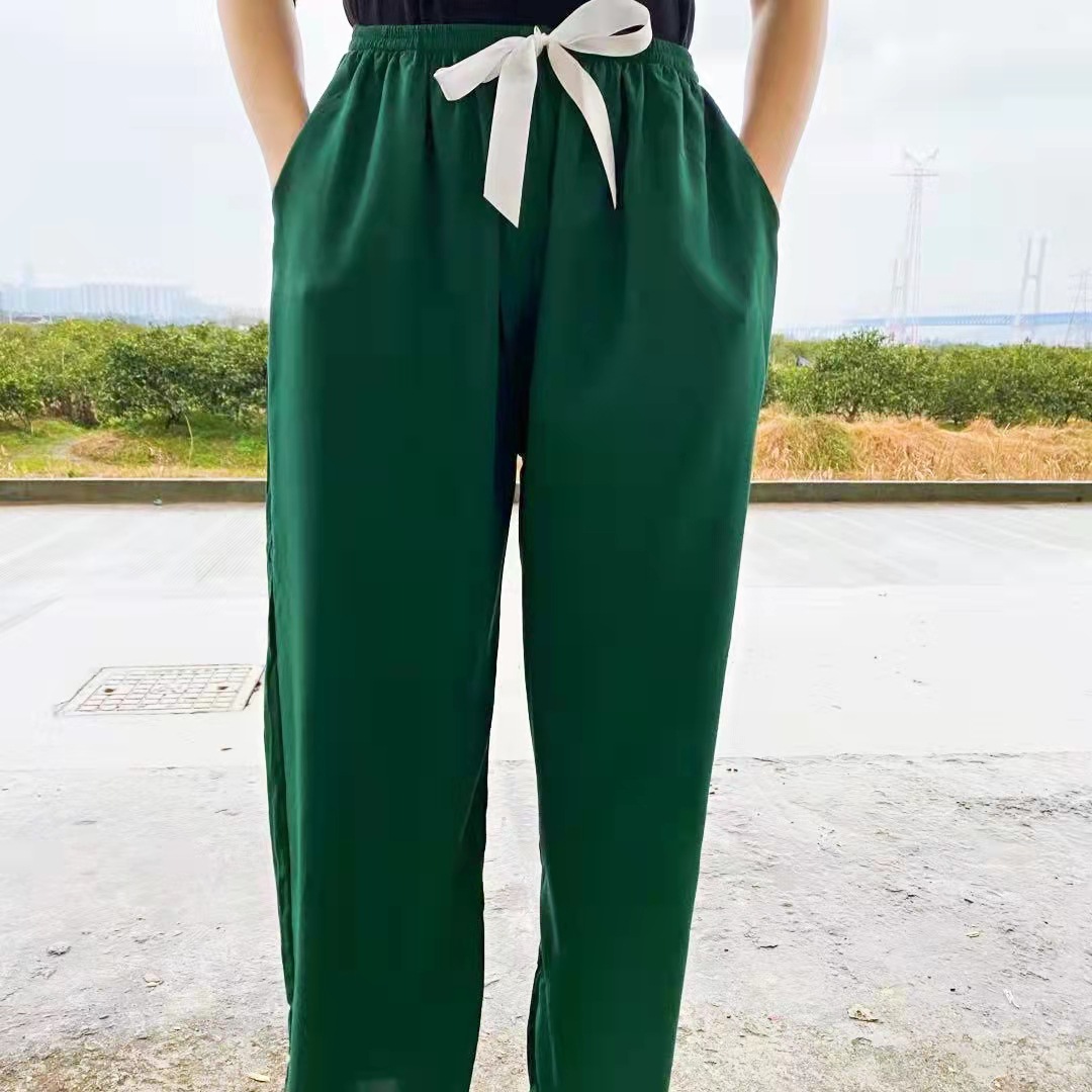 Pijamas de mujer Pantalones de pijama de seda de algodón para mujer Pantalones anchos de cintura alta de color liso con diseño de caramelo Pantalones finos_voghion.com