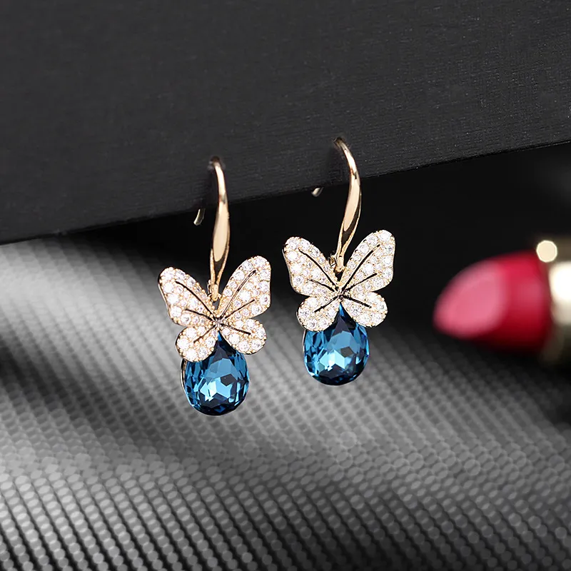 Boucles d'oreilles de style coréen de nouvelle marque 2024, ensemble de micro-boucles d'oreilles minimalistes en zircon, boucles d'oreilles papillon en cristal bleu_voghion.com