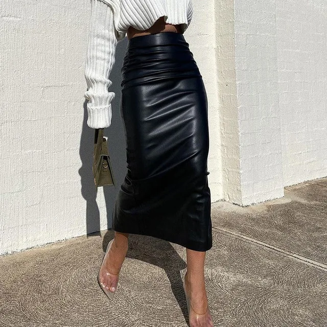 Vente chaude Élégante Jupe Bureau Dame Mode Froncé En Cuir PU Midi Femmes Slim Taille Haute Jupes Noires Printemps Automne Bas 2023_voghion.com