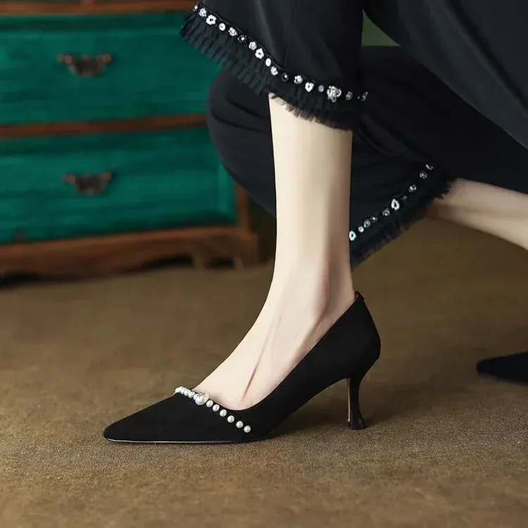 Damen Pumps Weiß Hochzeit High Spitzschuh String Bead Bootsschuhe Dünne Absätze Basic Pump Perlen Schwarz 2024 03c2_voghion.com