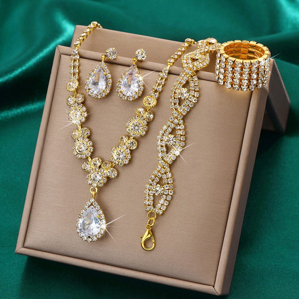Set di gioielli da donna, alla moda, nuovo, alla moda, in oro rosa, tre pezzi, collana, orecchini, bracciale con zirconi, set da sposa._voghion.com