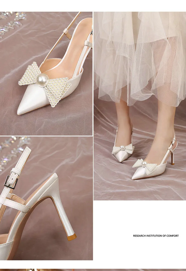 Hochzeit Französisch Frauen 2024 Neue Weiße Brautjungfer Schuhe Bogen High Heels Eleganz Sandalen E336_voghion.com