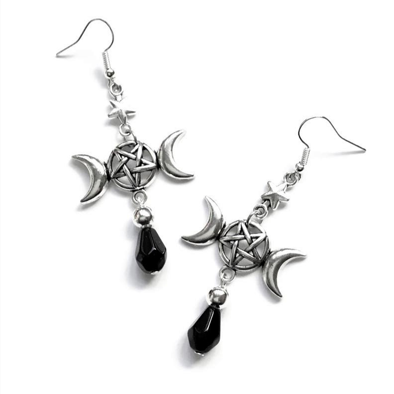 Joias e acessórios, brincos de cristal preto com pentagrama lunar, ganchos de orelha, novos produtos de moda mais vendidos_voghion.com