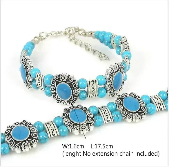 Pulseira feminina moda vintage pulseira étnica edição coreana dupla camada artesanato retrô remada turquesa acessórios_voghion.com