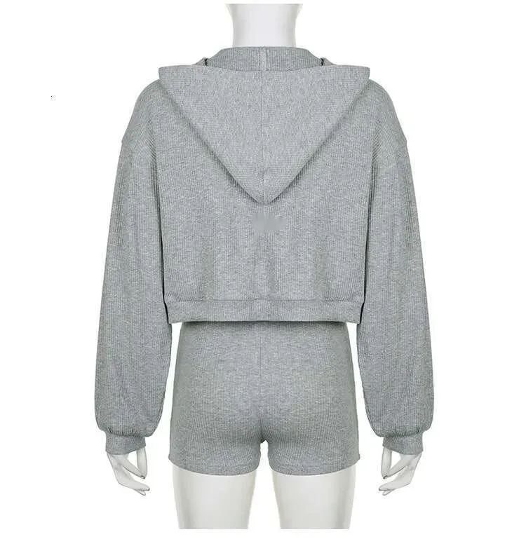ALL121 Yoga Topp Sweatshorts Hettegenser Tre stk sett Dame Sport Dress Strikket Glidelås Hette Cardigan Sweatshirt Vneck_voghion.com