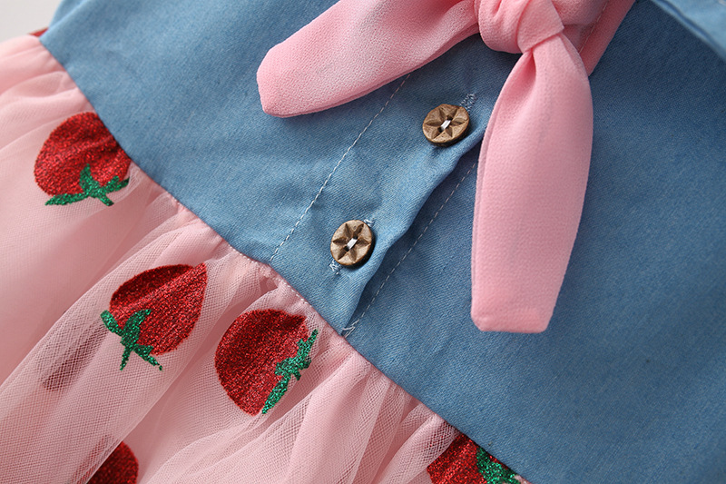 Neugeborenen Kleid Sommer Prinzessin Kleid Koreanischen Stil Erdbeere Stickerei Mesh Bowknot Denim Kleid Kinder Kleidung Senden Hut_voghion.com