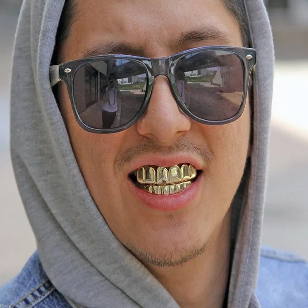 Vero oro bretelle punk hip hop denti grillz dentale bocca zanna griglie su fondo dente cappuccio cosplay festa rapper gioielli_voghion.com