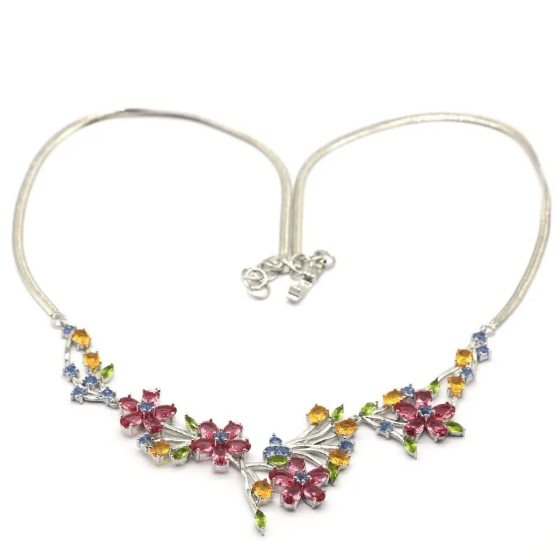 Lanțuri 24g COLIER DIN ARGINT SOLID Model floral multicolor Rodolit Granat Acvamarin Spinel Citrin Peridot_voghion.com