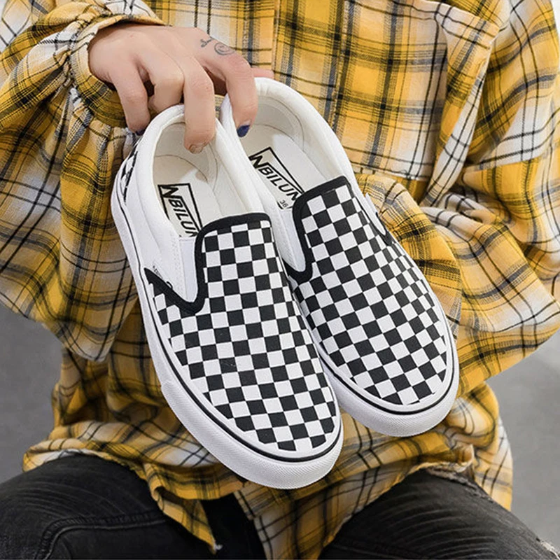 Damen-Schachbrettmuster Canvas Freizeit-Slipper Damen-Slipper Sportschuhe Baskets Femme Compensées_voghion.com