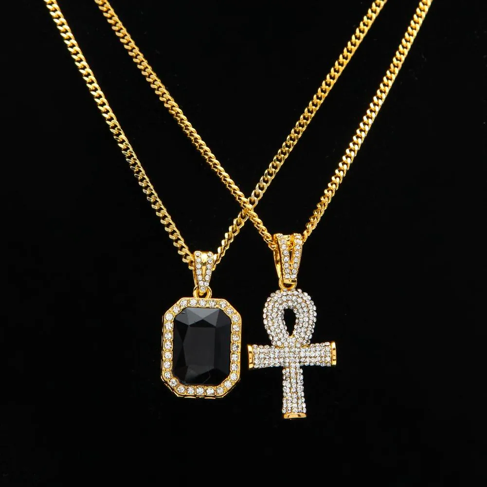 Neue Mode Ägyptischen Ankh Schlüssel des Lebens Bling Strass Kreuz mit Rot Rubin Anhänger Halskette Set Männer Hip Hop Schmuck Geschenk_voghion.com