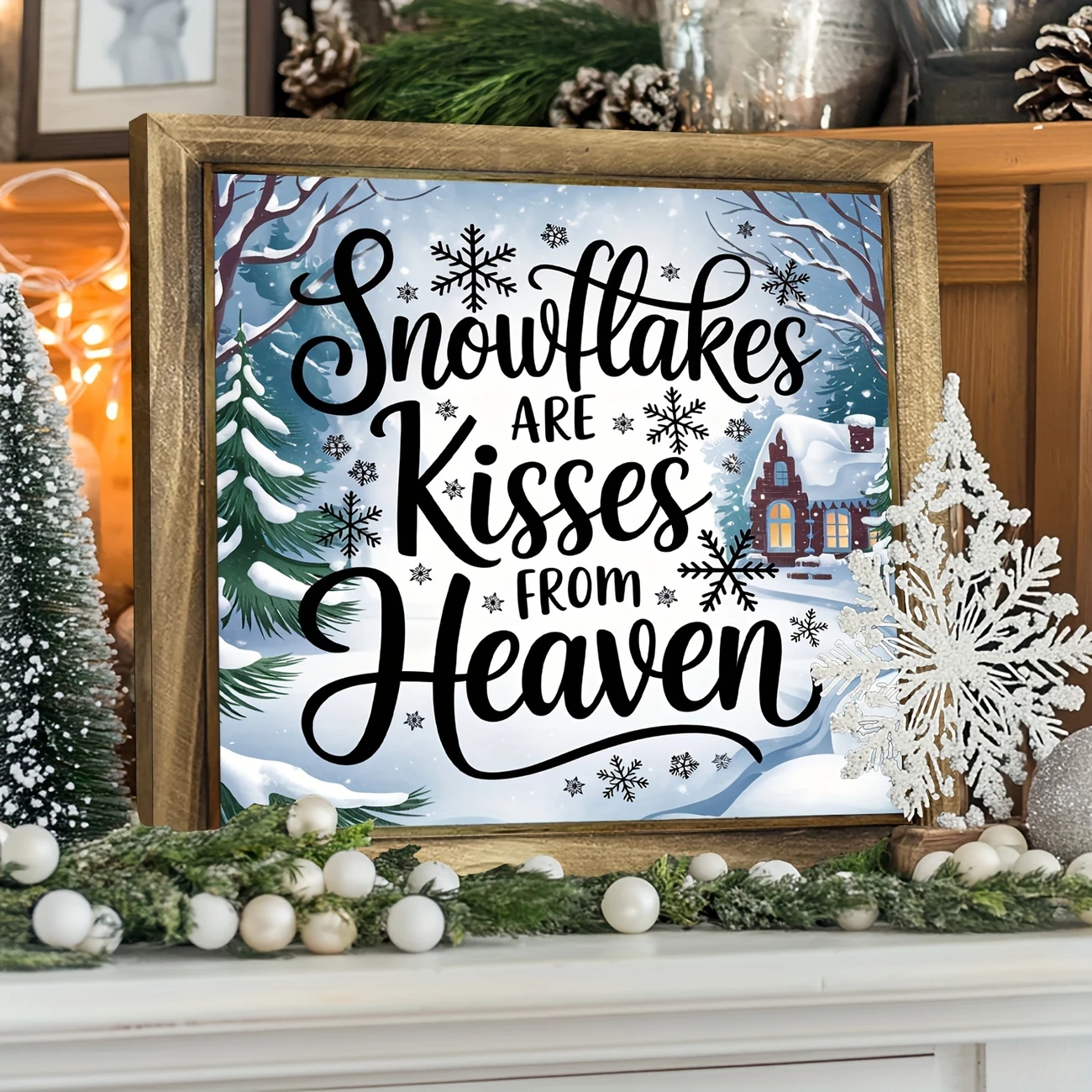 Rustic 'Snowflakes Are Kisses From Heaven' Wooden Frame - 8x8" Handcrafted Winter Decor. Perfect For Bedroom Or Festive Entryway._voghion.com
