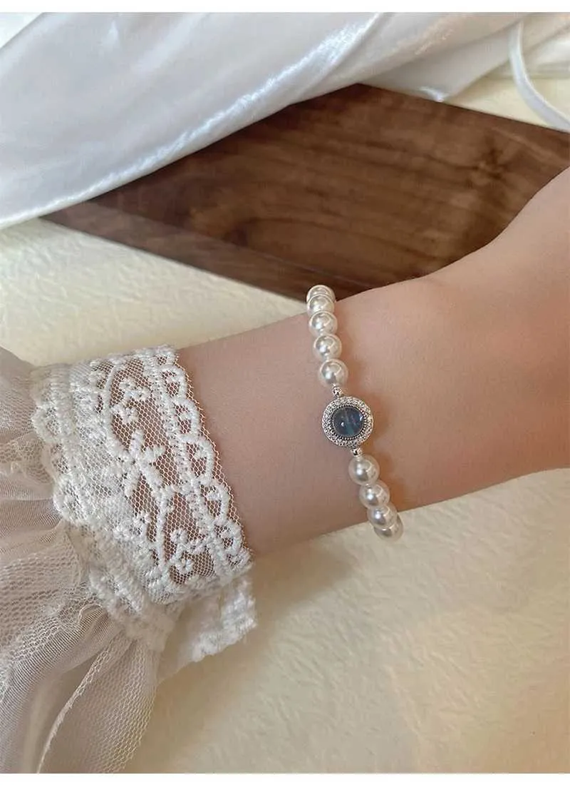 Elegant Pearl And Aquamarine Gemstone Bangle For Wedding Gift_voghion.com
