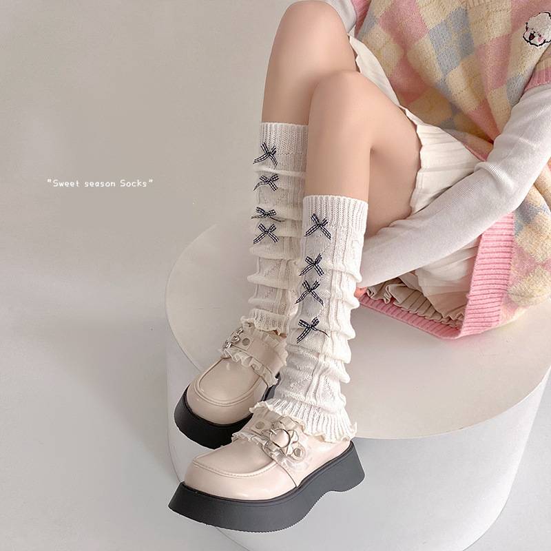 Scaldamuscoli Calzini in cotone alla moda da donna Lolita Plaid Bowknot Calzini impilati Stile balletto Dolce lavorato a maglia Autunno e inverno Vitello_voghion.com