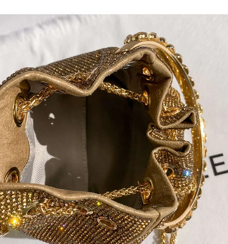 Gold Dia Abend Kupplung Hochzeit Party Designer Shiny Rhie Eimer Geldbörse Frauen Handtasche Schulter Messenger Tasche_voghion.com