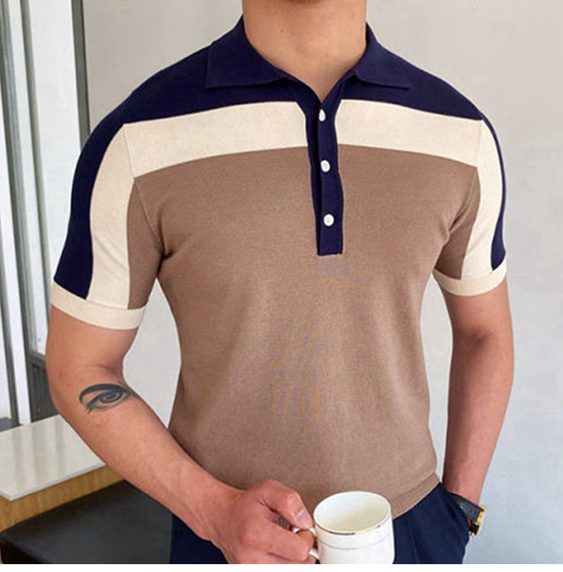 Nuova camicia da uomo in maglia patchwork con maniche corte, colore a contrasto, polo aderente, da uomo SY0046_voghion.com