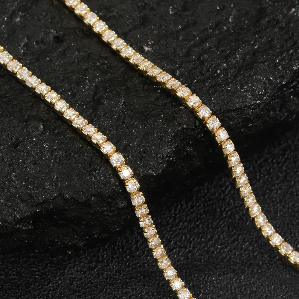 Cadenas finas de 2 mm con diamantes de moissanita y cadena cubana de plata, collar de oro real para mujer, joyería con piedra de circón, collares para el cuello_voghion.com