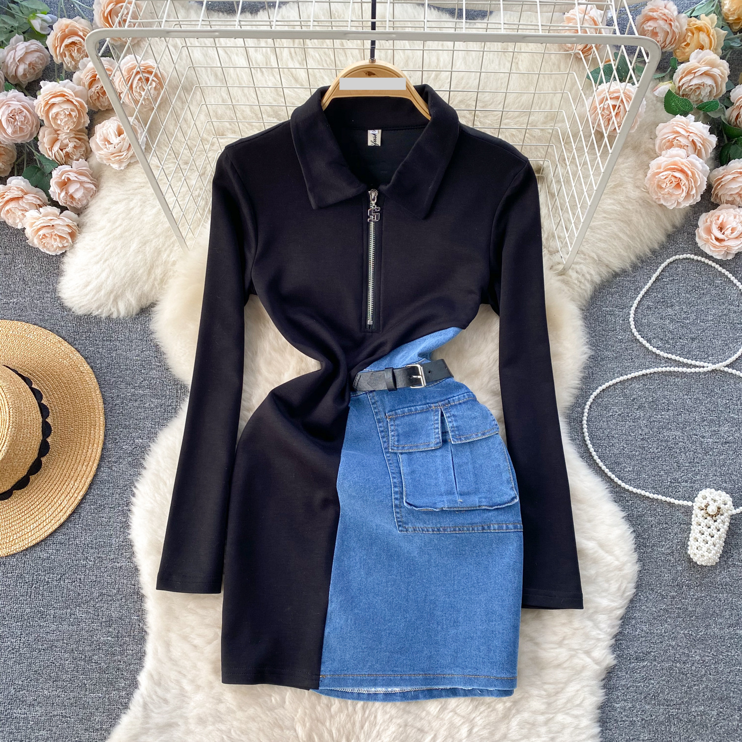 Vêtements pour femmes 2024 printemps femmes Design couleur contraste couture Niche fermeture éclair mince courte Denim hanche jupe robe femmes