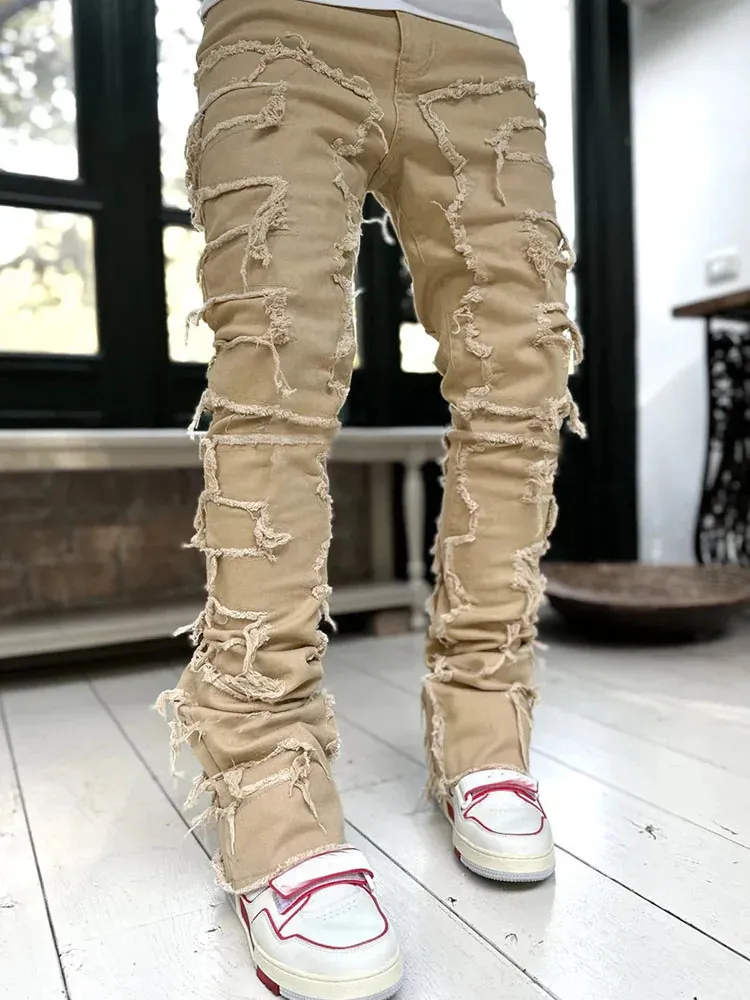 High Street Weiße Herren Stacked Jeans Stretched Patchwork Tassel Damaged Denim Volle Länge Hosen Hippop Hosen Für Männer_voghion.com