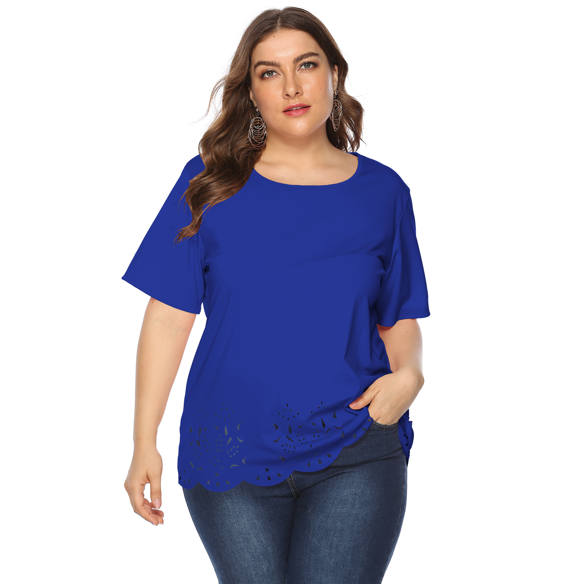 Women's tops large size women's clothing solid color burnt flower hollow wave edge casual short-sleeved T-shirt_voghion.com
