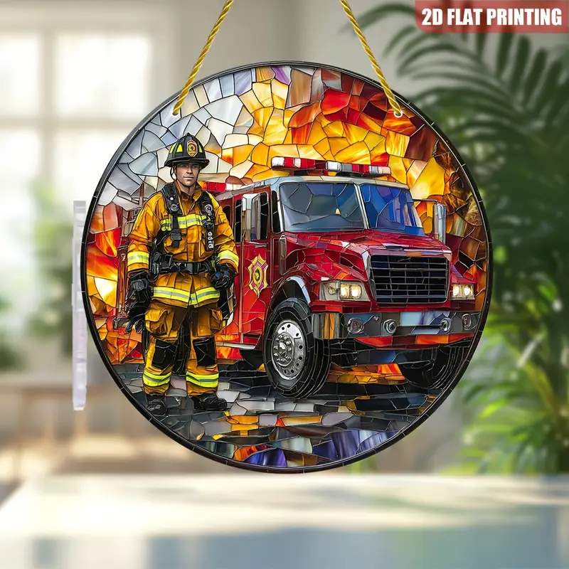 8x8in Firefighter Stained Glass Wall Art - Vibrant Fire Truck Acrylic Decor For Home & Garden - Perfect Gift For First Responders_voghion.com