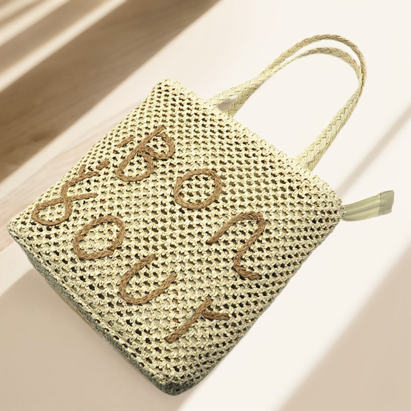 Women's letter woven bag single shoulder beach straw bag simple and generous_voghion.com