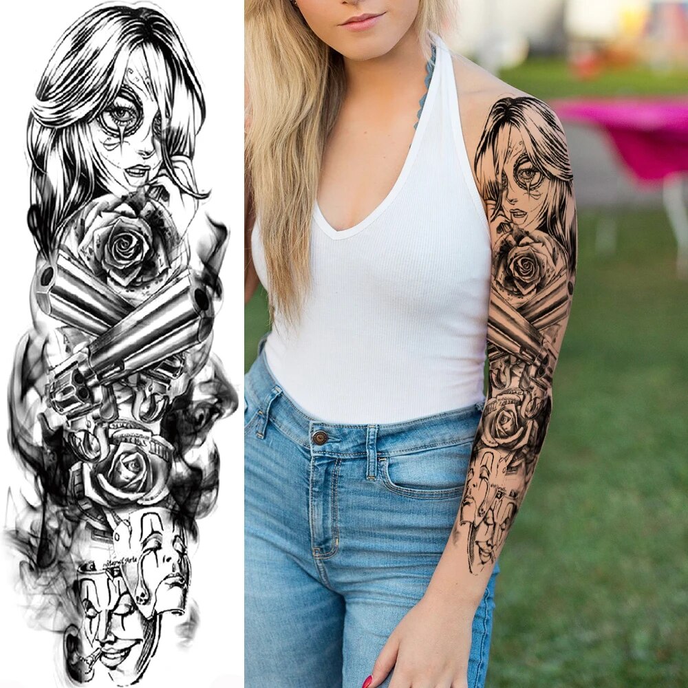 Autocol de tatuaje temporare complete sexy pentru braț pentru femei, bărbați, adulți, pistol, călugăriță, mâneci de tatuaj realiste, mari_voghion.com