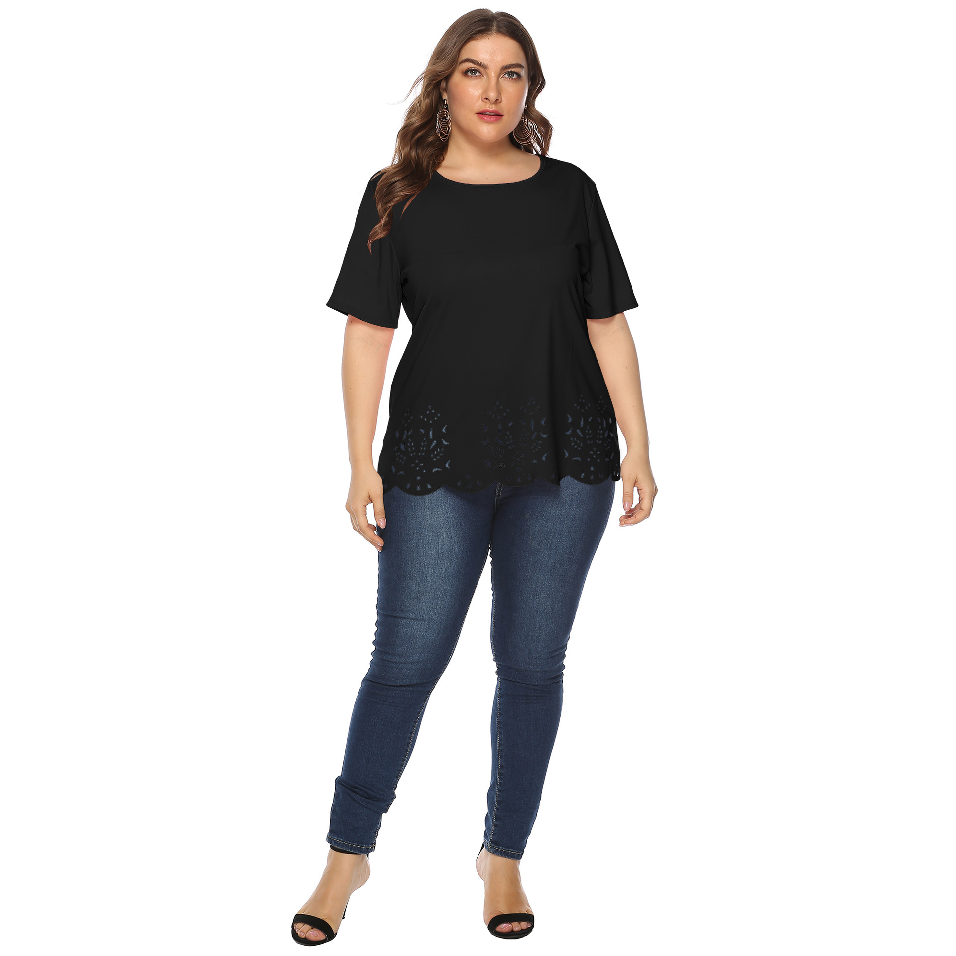 Women's tops large size women's clothing solid color burnt flower hollow wave edge casual short-sleeved T-shirt_voghion.com