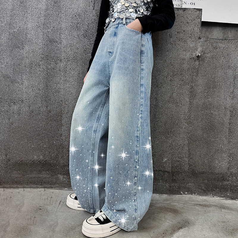 Mother & Kids Girls Jeans Suit Spring Trend 2025 New Korean Version Children's Street Hot Diamond Wide-Leg Pants Sequined T-Shirt_voghion.com
