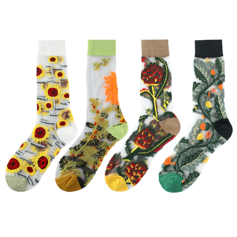 23 Spring/Summer Women's Thin Style Medium Tube Fashion Trendy Wind Flower Dorsen Series Glass Silk Socks_voghion.com