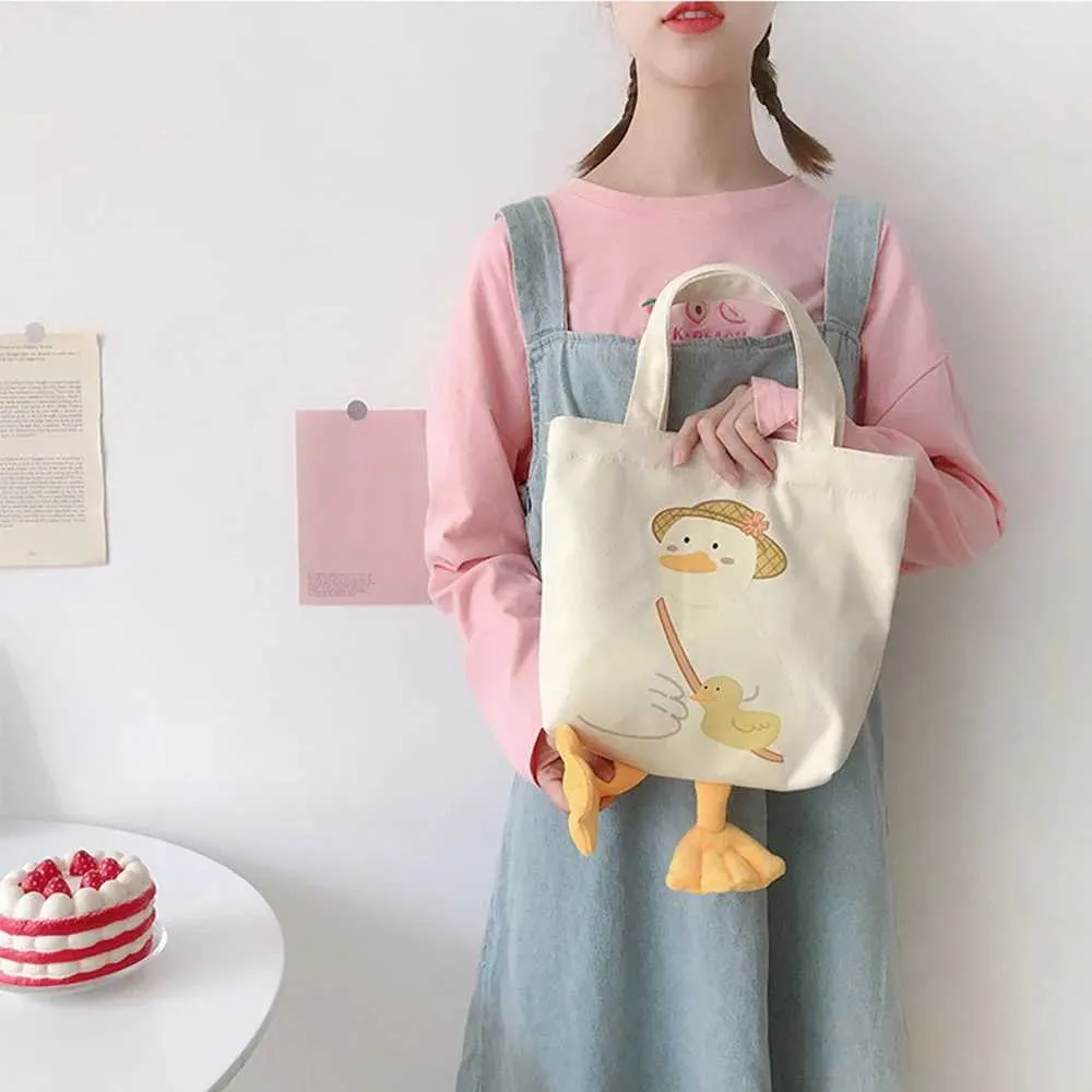 Neue warme Shopper süße Ente Papier Box Druck Casual Kai Baumwolle Canvas Einkaufstasche Y241109_voghion.com