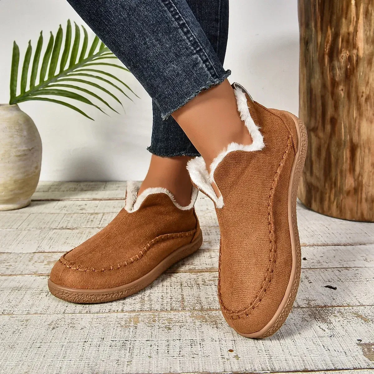 selg long sleeved womens winter round toe plush warm solid flat casual comfortable snow boots 240904_voghion.com
