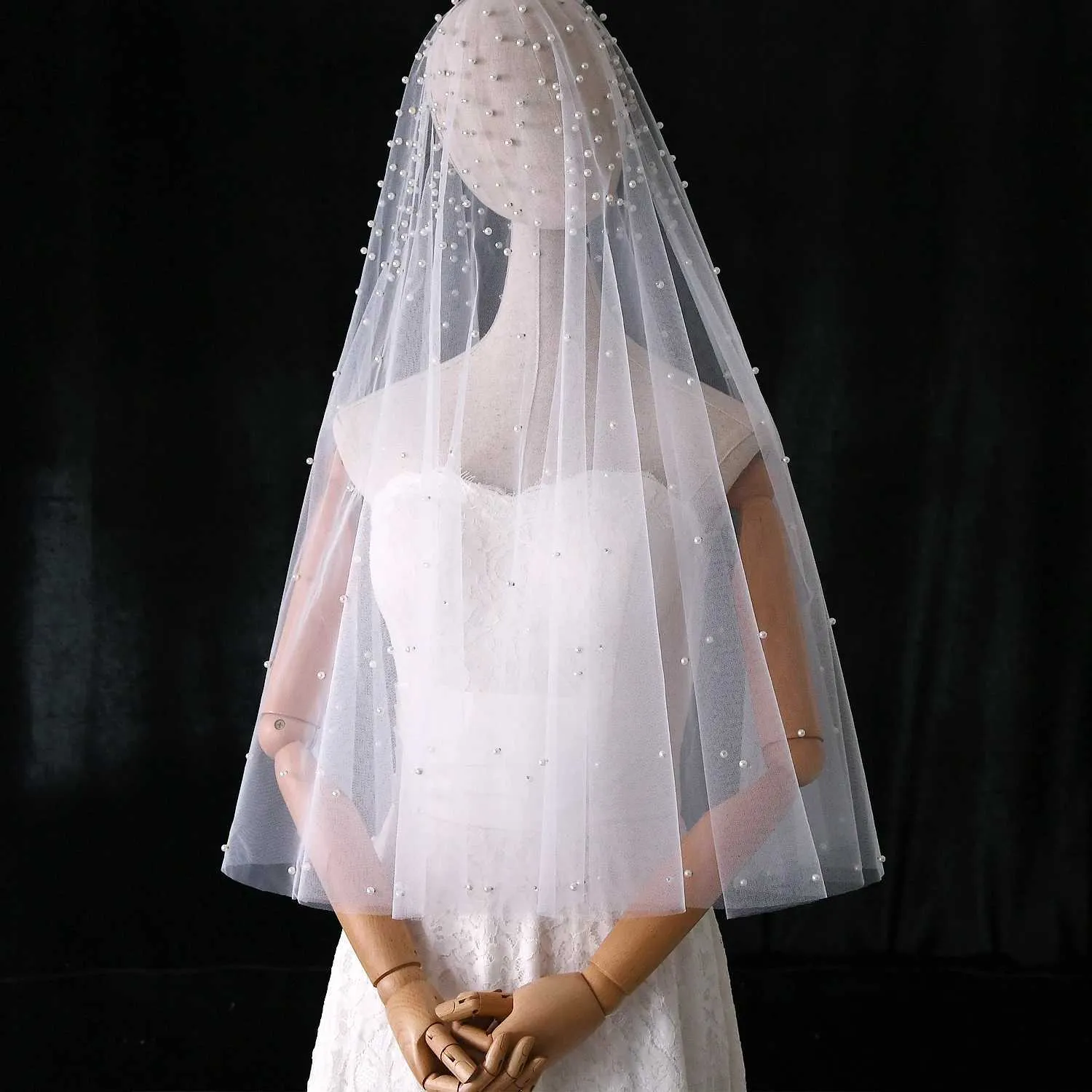 Haarschmuck V08 KEIN Kamm Schleier Perlen Perlen Brautschleier Bedecken Gesicht Kathedrale Länge Rohkante Schönheit Braut Hochzeit_voghion.com