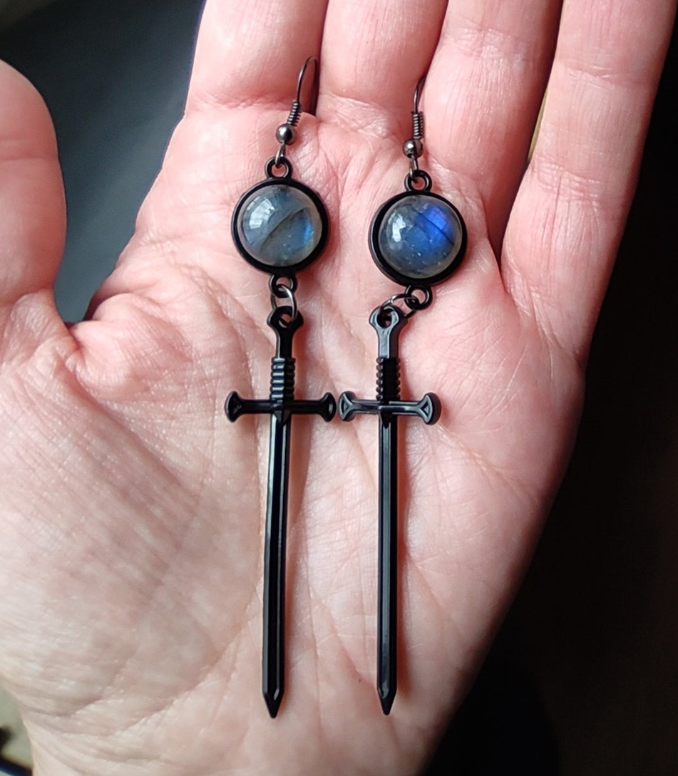 Earrings New Gothic Labradorite Black Sword Earrings_voghion.com