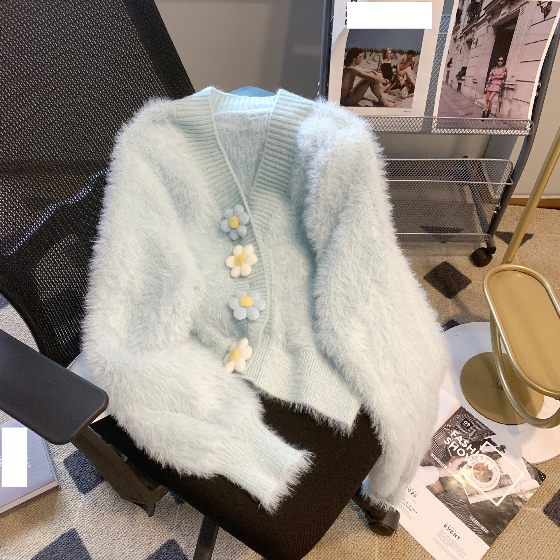 Women's Clothing Soft and glutinous mink fleece knitted cardigan autumn and winter new gentle style three dimensional flower v neck sweater jacket