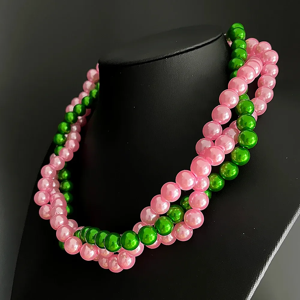 Collana girocollo multistrato con perle intrecciate rosa e verde_voghion.com