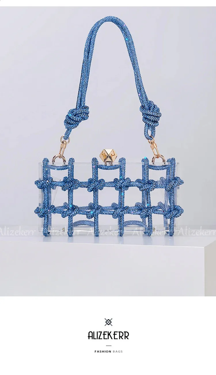 Bolsos de mano de noche con caja de acrílico transparente Dia para mujer, bolsos de mano y carteras de mano con cuerda anudada tejida, para bodas y fiestas_voghion.com