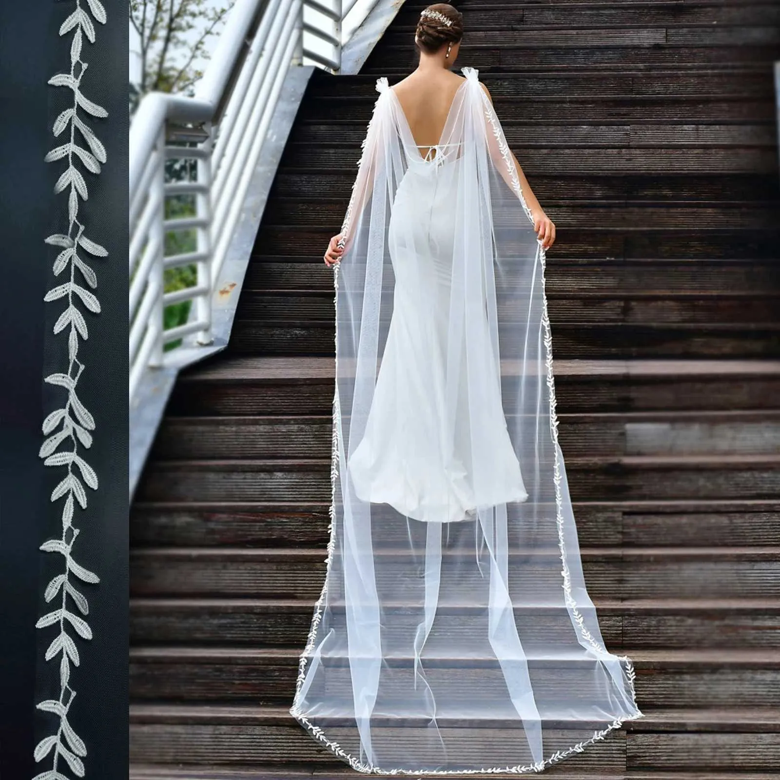 Gioielli per capelli Donna MZB26 Velo velato da cattedrale Mantello Avvolgente da sposa in pizzo floreale Elegante scialle da sposa con mantello lungo a foglie_voghion.com