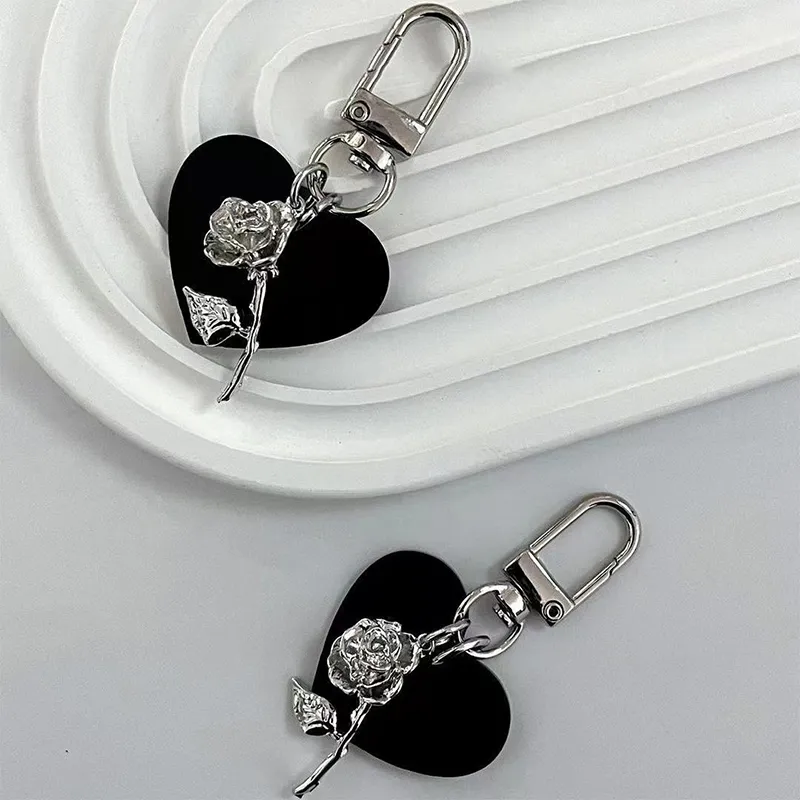 French Bowknot Keychain Black Love Rose Phone Chain Headphone Case Pendant Camera Charms Bag Decor Car Keyring_voghion.com