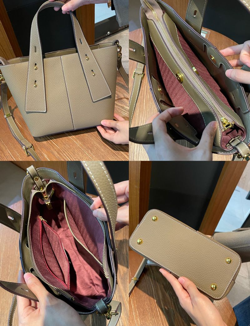 Große Kapazität aus echtem Leder Gemüsekorb Eimer Tasche Nische High-End-Umhängetasche Handtasche Frauen_voghion.com