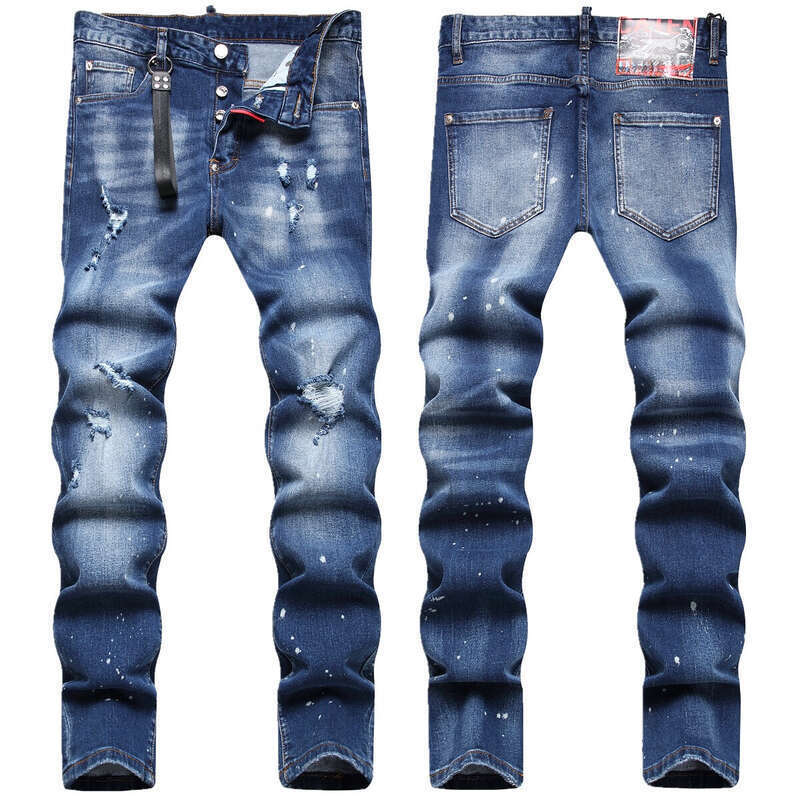 Men's Clothing Hot Selling Denim Autumn Men's Jeans With Tears, Fashionable Hanging Accessories, Trendy Painted Slim Fit, Small Feet, Mid Waist Long_voghion.com