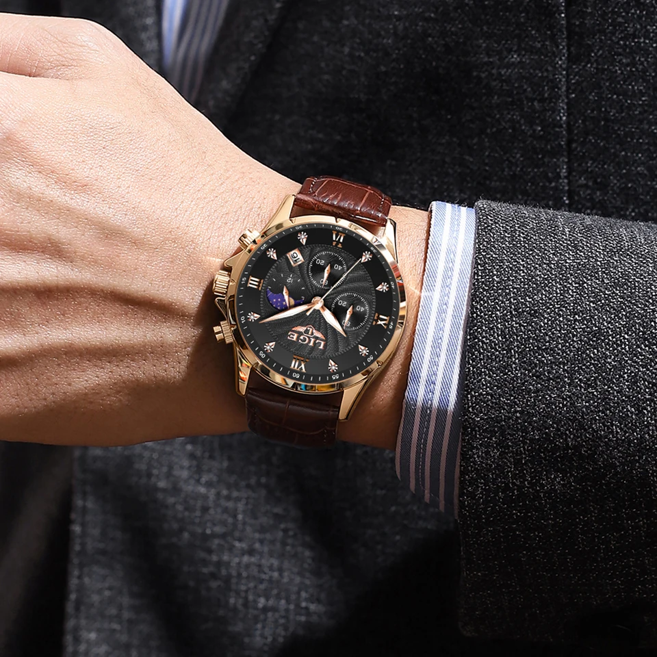 Men's Luxury Quartz Watch With Moon Phase Leather Strap Date_voghion.com