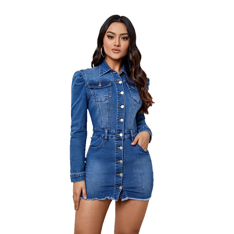 sexy fashionable women's long sleeved Waist and hip slimming jumpsuit denim skirt_voghion.com