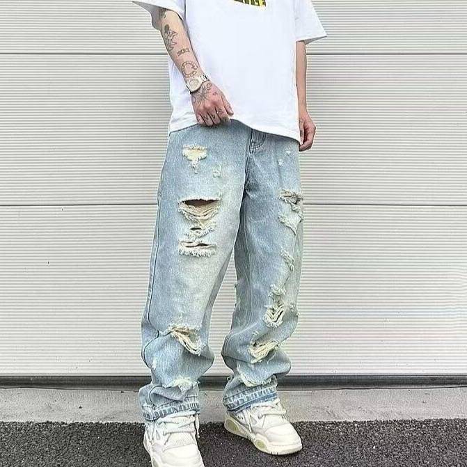 Men's Relaxed Fit Distressed Straight Jeans - Casual Blue Denim_voghion.com