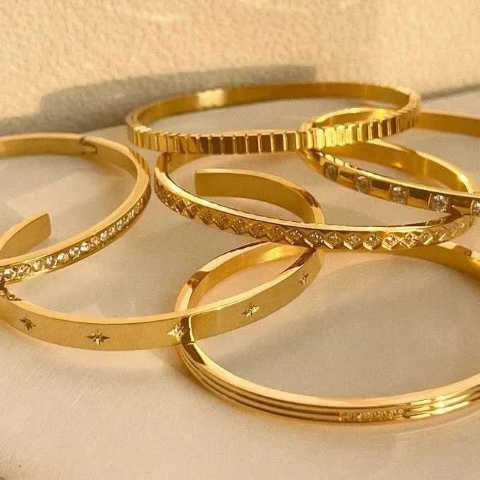 New Waterproof Stainless Steel Stacking Open CZ Cuff Bangles Gold Plated Star Zircon Bracelet Women INS Summer 2022_voghion.com