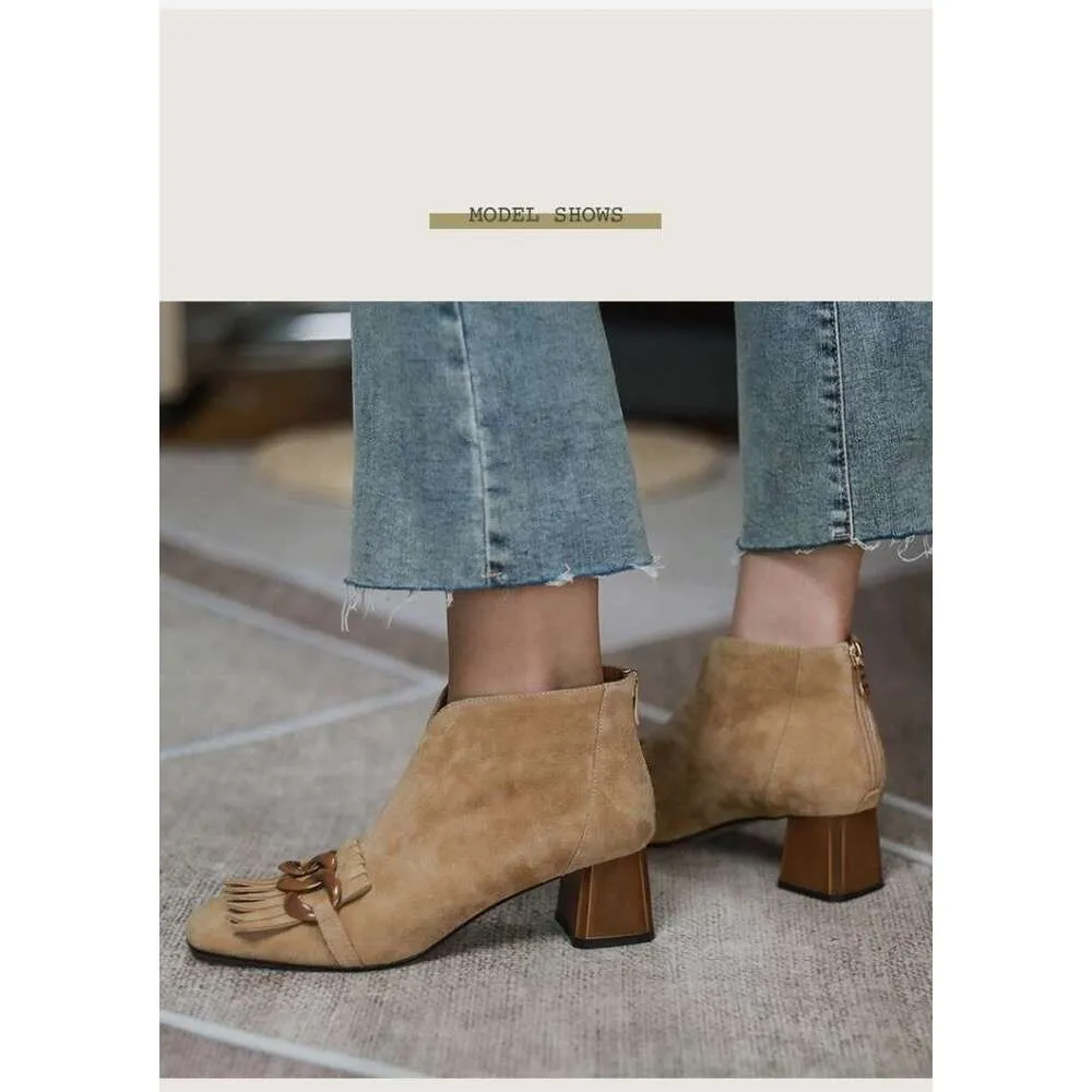 New Autumn/Winter Women Sheep Suade Toe Square Heel Mid-Heel Ankle Boots Fringed Zipper Fashion Office Lady Shoes_vogvips.com