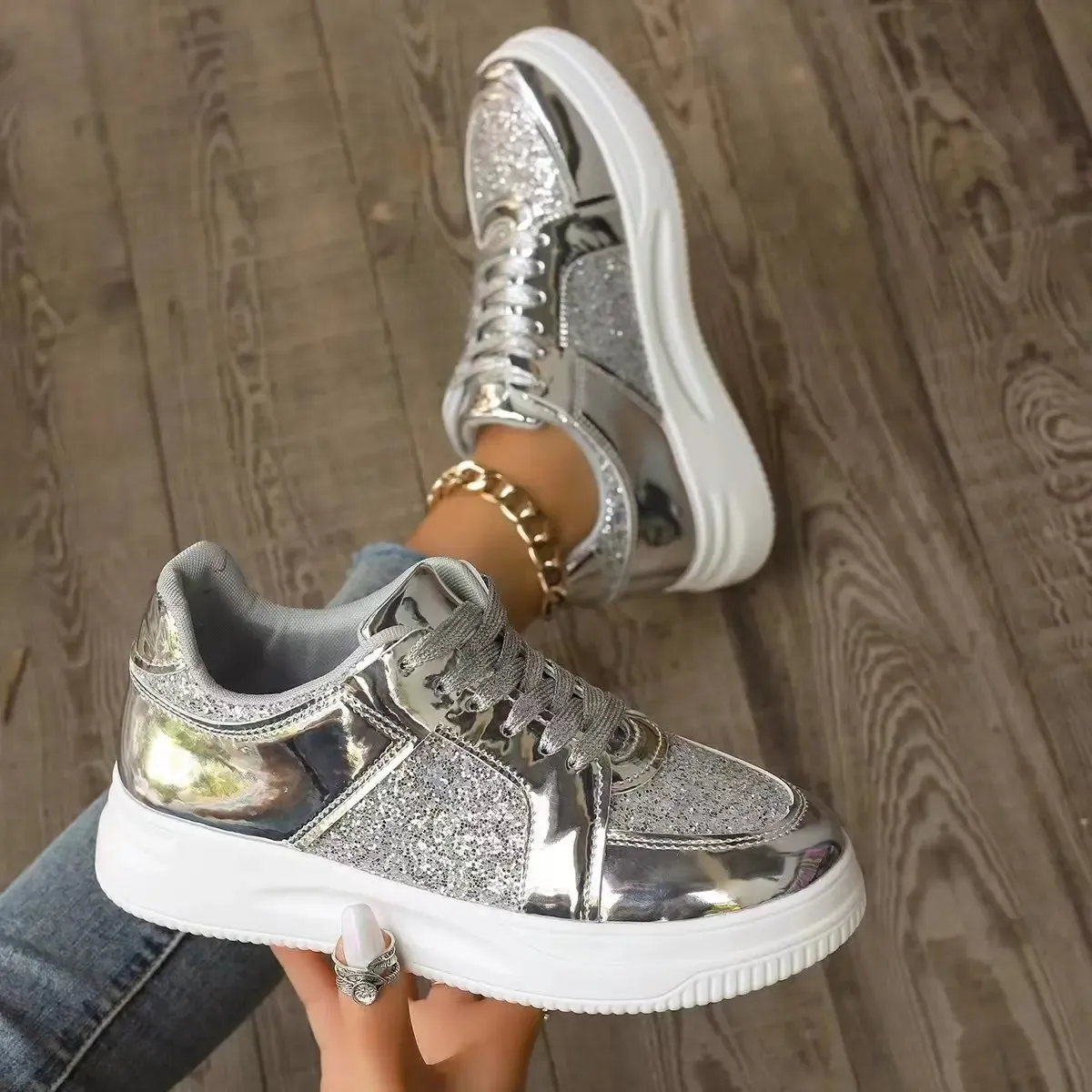 Women's Gold Sequins Platform Sneakers Autumn Fashion Casual Sports Thick Bottom Vulcanized Woman Flats Heels Shoes_voghion.com