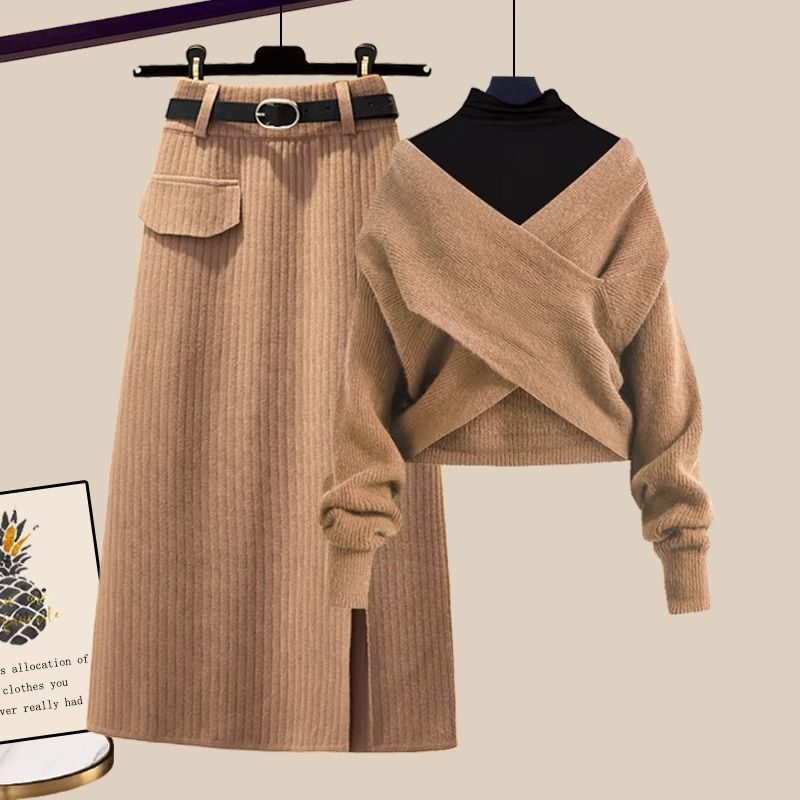 Vêtements pour femmes, filet de dynamitage de rue, costume de style Xiaochan rouge, vêtements d'automne pour femmes, pull pour fille chaude, jupe tricotée, costume trois pièces